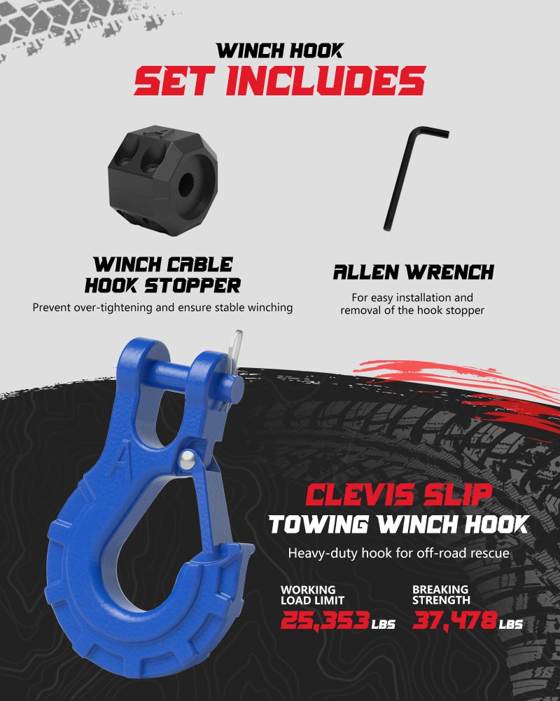AMBULL 3/8" Winch Hook & Winch Cable Hook Stopper Sets, Heavy Duty Grade 70 Forged Steel Recovery Hook with Safety Latch, Included Allen Wrench,Max 37,478 Lbs, Blue - Image 3